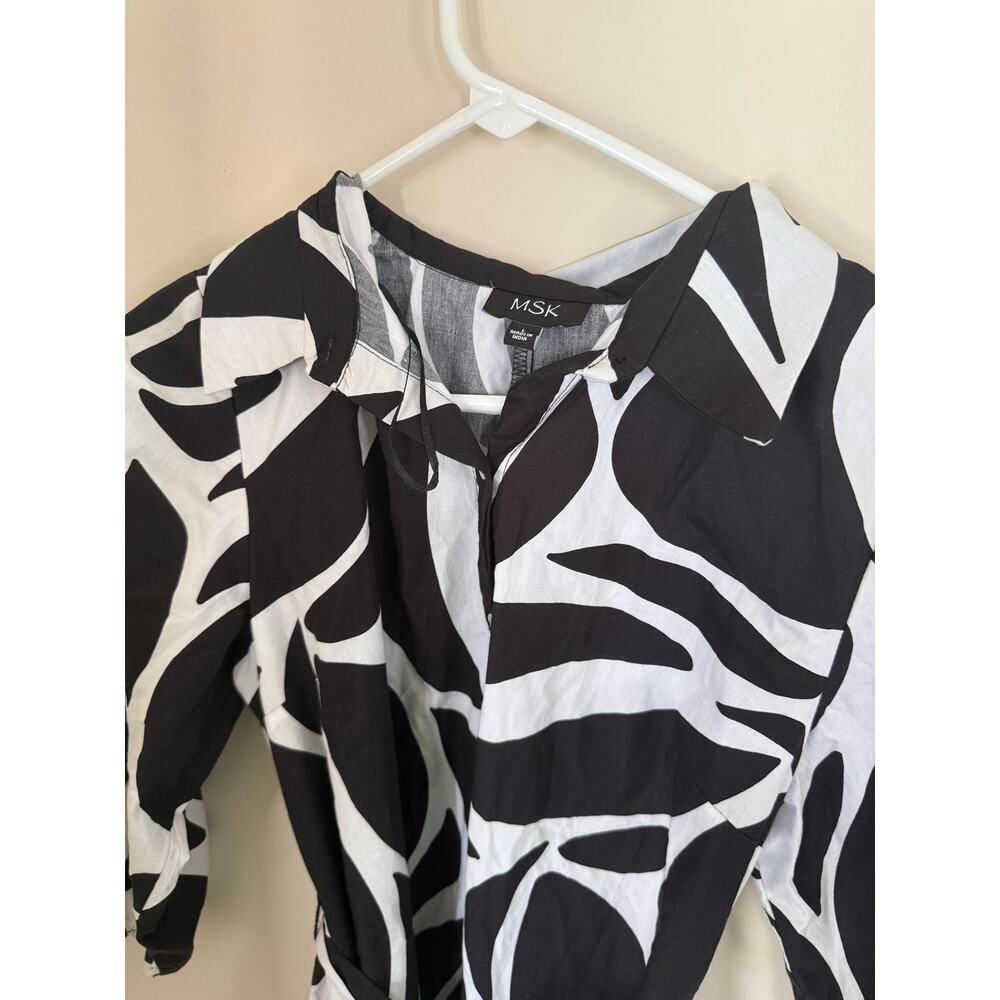 MSK | Summer Preppy Vacation Black/White Abstract Belted Fit & Flare Mini Dress - Picture 3 of 11